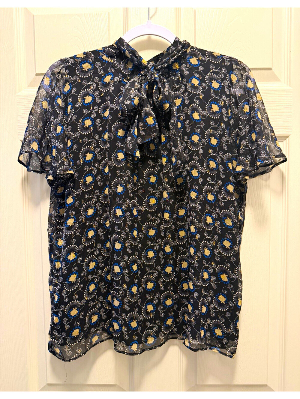 Ann Taylor Petite LP Floral Tie-Neck Chiffon Blouse Short Sleeve Black/Blue/Gold